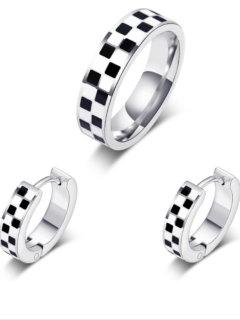 Checkerboard Stainless Steel Ring & Hoop Earring Set - Black and Silver